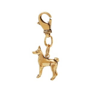 Op de afbeelding: Een gouden hanger in de vorm van een Basset Hound hond met een clipbevestiging.