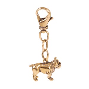 May include: A gold-colored bulldog keychain with a metal chain and a spring clasp.