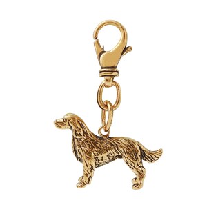 Op de afbeelding: Een gouden metalen sleutelhanger met een gedetailleerd beeldje van een golden retriever hond. De sleutelhanger heeft een veerbelaste sluiting.