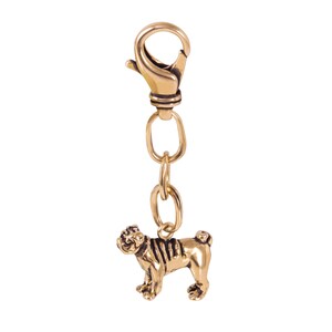 May include: Gold-tone metal keychain featuring a detailed pug dog charm. The keychain has a lobster clasp and a chain.
