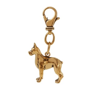 May include: A gold-colored metal keychain featuring a detailed, three-dimensional sculpture of a boxer dog.