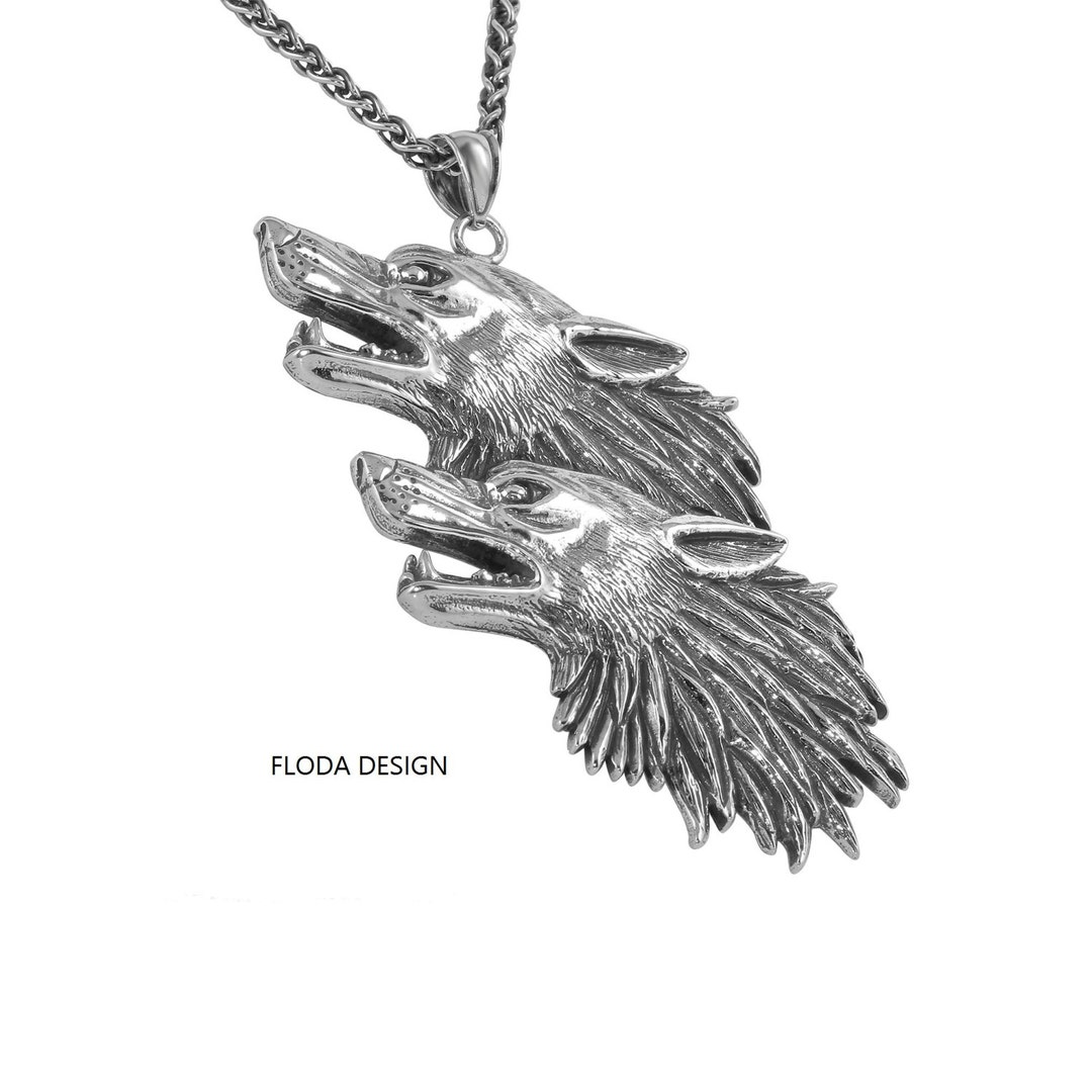 Large Howling Two Wolf Pendant Necklace in Sterling Silver, Wolf