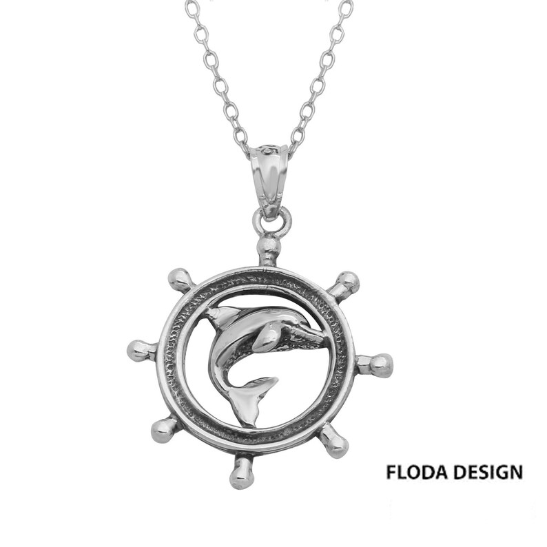 Sterling Silver Ship Wheel w// Seahorse Pendant Made in USA 18 Italian Box Chain