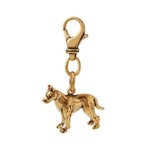 Op de afbeelding: Een goudkleurige hondenbedel met een karabijnsluiting. De bedel is een gedetailleerde miniatuursculptuur van een hond in een staande pose. De kenmerken van de hond zijn goed gedefinieerd en de bedel heeft een gepolijste afwerking.
