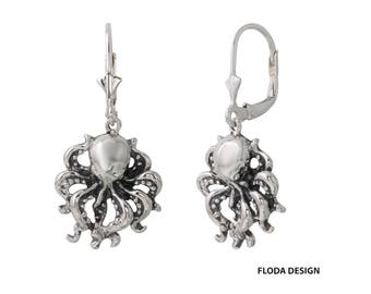 Oktopus Ohrring in Sterling Silber; Oktopus-Schmuck, nautischer Schmuck LD-23-7
