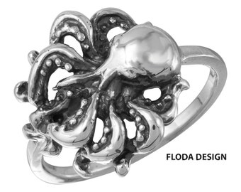 Octopus Ring in Sterling Silver, Octopus Jewelry, Nautical Jewelry FD-RN01