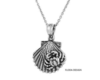 Seashell with Crab Pendant Necklace in Sterling Silver, Nautical Jewelry, Seashell Jewelry, Crab Shell Jewelry FD-16-11, 516-22