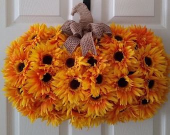 Sunflower Pumpkin Fall Wreath: Autumn Front Door Decor; Thanksgiving Wreath