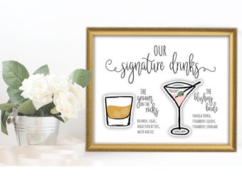 Drink Sign, Drink Sign Printable, Signature Drink Sign, His Hers Drinks, Wedding Bar Menu, Cocktail Print, Drinks Menu, Wedding Printables