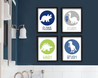 Kids Bathroom Art, Kids Bathroom Prints, Dinosaur Bathroom Art, Kids Bathroom Wall Art, Wash Brush Floss Flush, Dinosaur Art, Brush Floss