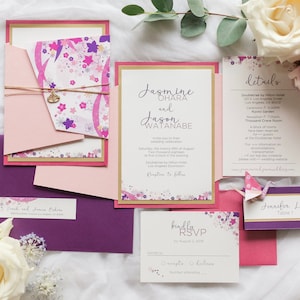 Japanische Hochzeit, japanische Hochzeitseinladung, japanische Party, Hochzeitseinladung Lila, Rosa und Lila Einladung, Einladungspaket