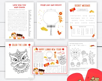 Chinese New Year, Chinese New Year Card, Lunar New Year, Chinese Dragon, New Year Activity for Kids, Lantern, Printable, Chinese Lion, Red