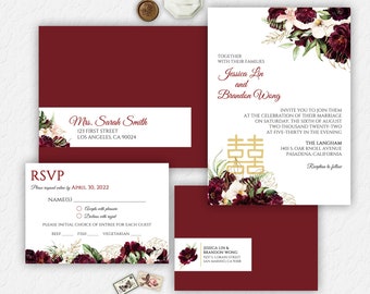 Chinese Wedding Invitation, Romantic Wedding Invitation, Asian Wedding Invitation, Burgundy, Blush, Floral, Tropical, Double Happiness, Tea