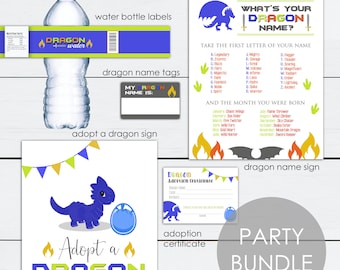 Dragon Themed Birthday Party, Decorations and Signs, Dragon Name, Adopt a Dragon, Name Tags, Water Bottle Label, Dragon Party