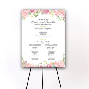 May include: Wedding ceremony programme sign with floral design. The sign lists the wedding date, ceremony programme, wedding party, and names of the parents of the bride and groom.