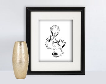 Arte mural musical, arte musical, arte mural con notas musicales, impresión musical, decoración mural musical, regalo musical, regalo para profesor de música, tipografía musical, clave de sol