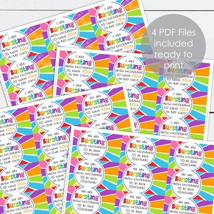 May include: A set of printable classroom welcome signs with a rainbow design and the text "I am bursting with excitement to have you in my class!" and "We are bursting with excitement to have you in our class!"