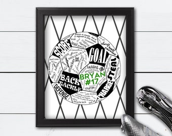 May include: Black and white soccer ball graphic with the word "GOAL" in large letters. The graphic includes soccer terms like "tackling", "charge", "breakaway", and "defense". The name "BRYAN #17" is written in green.