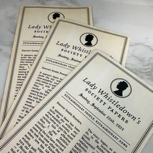 May include: A collection of cream-coloured Lady Whistledown's Society Papers. Each paper displays a black silhouette of a woman in an oval, the title, and the date, Sunday, September 22nd, 2024. The papers are filled with text.