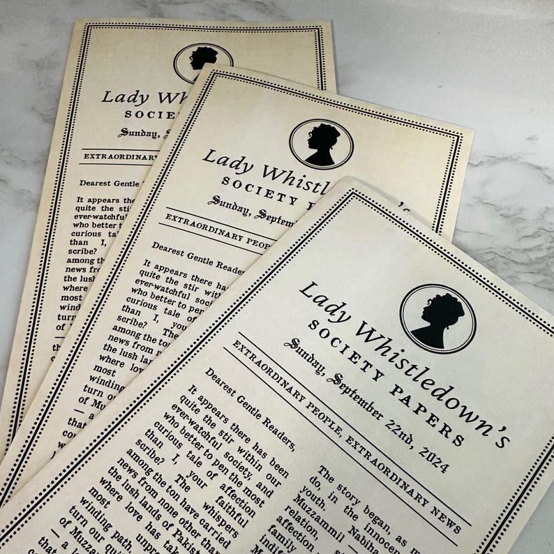 May include: A collection of cream-coloured Lady Whistledown's Society Papers. Each paper displays a black silhouette of a woman in an oval, the title, and the date, Sunday, September 22nd, 2024. The papers are filled with text.