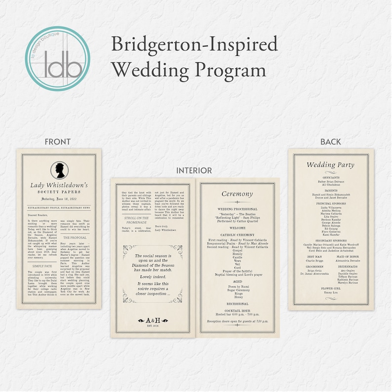 May include: A vintage-style wedding program, inspired by Bridgerton, with cream-coloured pages and black text. The front cover reads "Lady Whistledown's Society Papers". The interior and back detail the ceremony and wedding party details, with decorative borders.