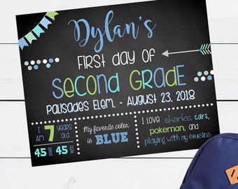 以下が含まれることがあります： 「Dylan's First day of Second Grade Palisades Elem. - August 23, 2018」と書かれた黒板の看板。看板には、「I am 7 years old 45 inches 45 pounds」、「My favorite color is BLUE」、「I love sharks, cars, pokemon, and playing with my cousins」のテキストも含まれています。
