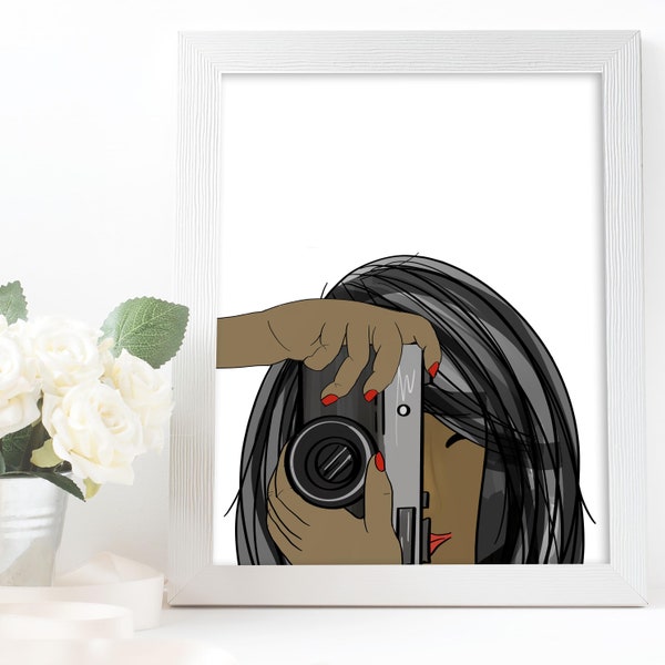 Girl with Camera, Woman with Camera, Woman Illustration Print, Photographer Gift, Female Photography, Feminist Art, Girl Boss, Black Woman
