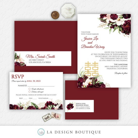 Chinese Wedding Invitation, Romantic Wedding Invitation, Asian Wedding Invitation, Burgundy, Blush, Floral, Tropical, Double Happiness, Tea Il_570xn