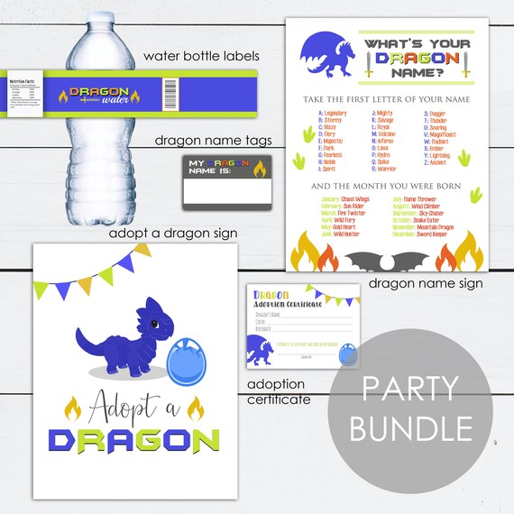 Dragon Themed Birthday Party, Decorations and Signs, Dragon Name, Adopt a Dragon, Name Tags, Water Bottle Label, Dragon Party Il_570xn