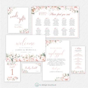Collezione di fiori per matrimoni Hummingbird, modello Canva, mappa dei posti a sedere, cartello di benvenuto, menu, segnaposto, numeri di tavolo, Blush