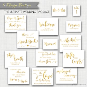 Pacote de placas de casamento Caligrafia dourada Impressão Arte Glitter Quadro negro Hashtag Cerimônia Photobooth Coleção DIY para impressão DOWNLOAD DE ARQUIVO