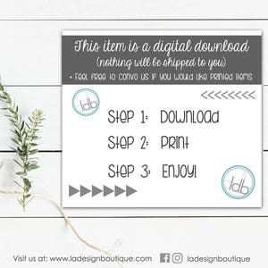 May include: A digital download instruction card with a gray background and white text. The card has a blue and white logo with the letters "Idb" in the top left and bottom right corners. The text on the card reads: "This item is a digital download (nothing will be shipped to you). Feel free to convo us if you would like printed items. Step 1: Download. Step 2: Print. Step 3: Enjoy!" The card also has a row of gray arrows pointing to the right in the bottom left corner.