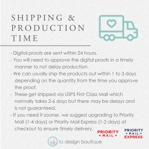 Puede incluir: Un cami&oacute;n azul verdoso con un coraz&oacute;n en el lateral, que representa el tiempo de env&iacute;o y producci&oacute;n. El texto dice "Shipping & Production Time" e incluye informaci&oacute;n sobre pruebas digitales, tiempos de env&iacute;o y opciones de env&iacute;o acelerado.