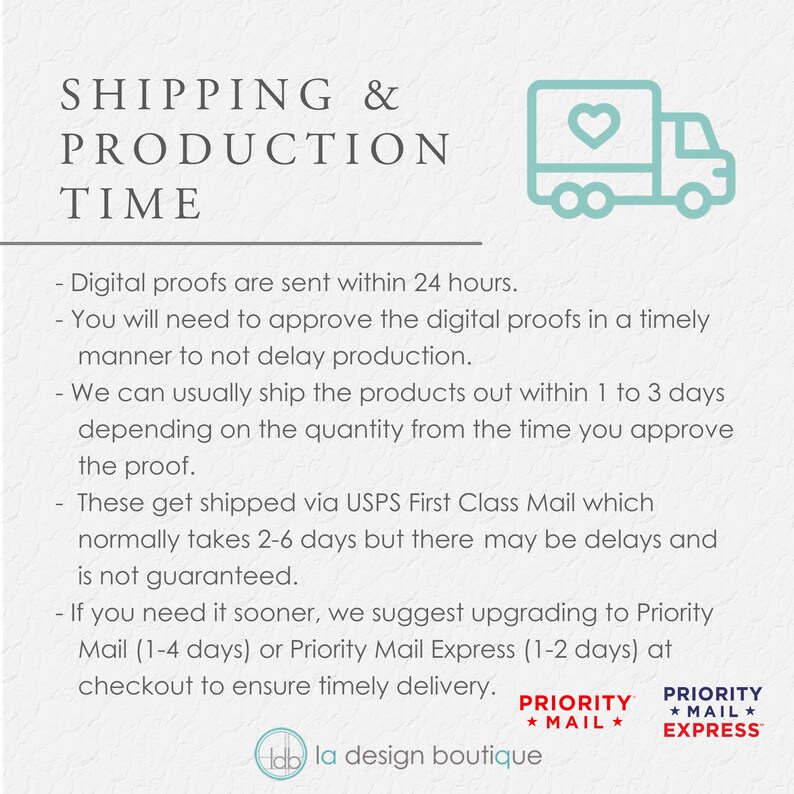 Puede incluir: Un cami&oacute;n azul verdoso con un coraz&oacute;n en el lateral, que representa el tiempo de env&iacute;o y producci&oacute;n. El texto dice "Shipping & Production Time" e incluye informaci&oacute;n sobre pruebas digitales, tiempos de env&iacute;o y opciones de env&iacute;o acelerado.