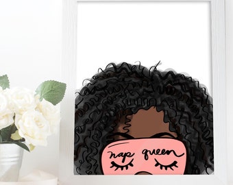 Nap Queen Art, Woman Sleeping Mask, Woman Art, Woman Illustration, Sleeping Gifts, Gifts for Her, Gifts for Women, Bedroom Art, Black Woman