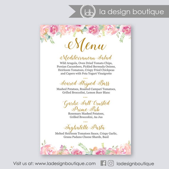 Beautiful Watercolour Floral Personalised Wedding Menu Cards