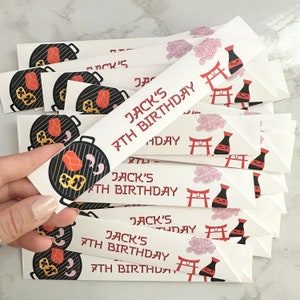 Hibachi-feest, gepersonaliseerde mouwen voor eetstokjes, verjaardag van Hibachi, gunst van Hibachi-feest, Japanse eetstokjes, Japans themafeest, eetstokjes