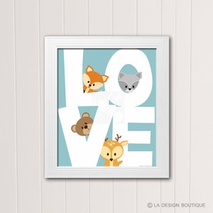 Woodland Animal Prints, Woodland Animal Art, Woodland Animal Nursery, Forest Animal Prints, Animal Prints for Nursery, Love Sign, Fox, Bear image 2