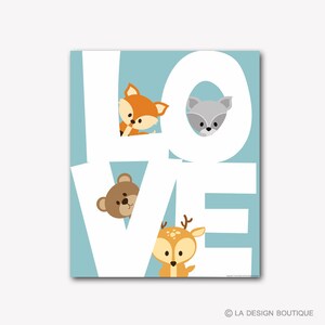 Woodland Animal Prints, Woodland Animal Art, Woodland Animal Nursery, Forest Animal Prints, Animal Prints for Nursery, Love Sign, Fox, Bear image 1