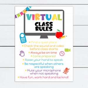 Virtual Class Rules, Virtual Classroom Rules, Zoom Classroom Rules, Virtual Class Sign, Back to School, Teacher Signs, Class Signs, Distance