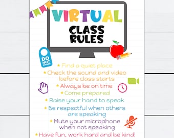 Virtual Class Rules, Virtual Classroom Rules, Zoom Classroom Rules, Virtual Class Sign, Back to School, Teacher Signs, Class Signs, Distance