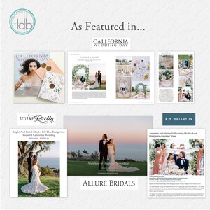 May include: A collection of wedding features from magazines and articles. The image includes the text "CALIFORNIA WEDDING DAY", "STYLE ME PRETTY", and "ALLURE BRIDALS". The featured wedding is titled "Angeline & Hamed's Wedding".