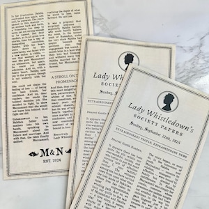 May include: Four aged-look newspaper pages with text, headlines, and a silhouette graphic. The pages are cream-coloured with black text, featuring the text "Lady Whistledown's Society Papers" and "M&N EST. 2024".
