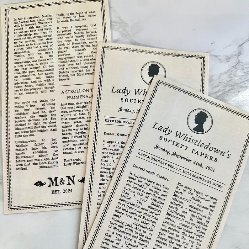 May include: Four aged-look newspaper pages with text, headlines, and a silhouette graphic. The pages are cream-coloured with black text, featuring the text "Lady Whistledown's Society Papers" and "M&N EST. 2024".