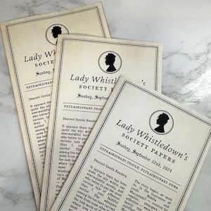 May include: A stack of cream-coloured Lady Whistledown's Society Papers. Each paper has a black silhouette of a woman in a circle, with text including "Sunday, September 22nd, 2024" and "Extraordinary People, Extraordinary News."