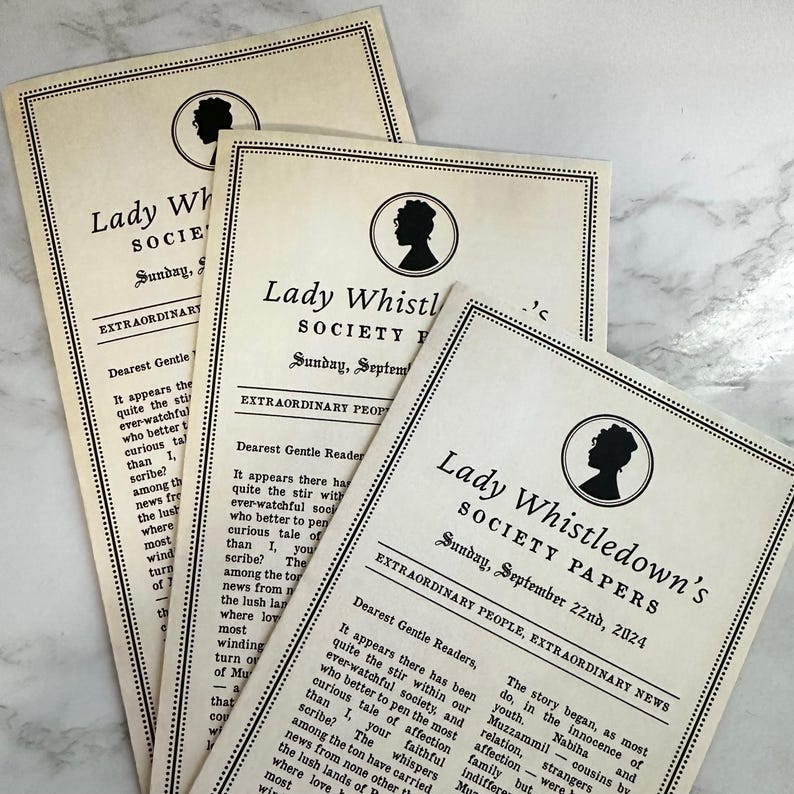 May include: A stack of cream-coloured Lady Whistledown's Society Papers. Each paper has a black silhouette of a woman in a circle, with text including "Sunday, September 22nd, 2024" and "Extraordinary People, Extraordinary News."