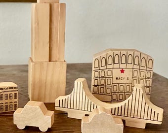Zestaw drewnianych klocków City Blox Nowy Jork, zabytkowe klocki budowlane z panoramą Nowego Jorku, Empire State Building, Most Brookliński, 10 elementów