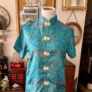 Ensemble de pyjama vintage Silique en brocart chinois, taille M, en satin turquoise, col mandarin, fermeture brandebourg, jacquard asiatique, années 2000