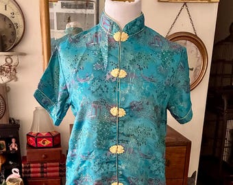 Conjunto de pijama vintage de brocado chino Silique, talla mediana, satén turquesa, cuello mandarín, cierre de nudo, jacquard asiático, Y2K