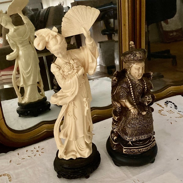 Pair of Vintage Asian Statues, Vintage Yiji and Empress figurines for display, Faux Ivory Geji and Faux Bone Empress